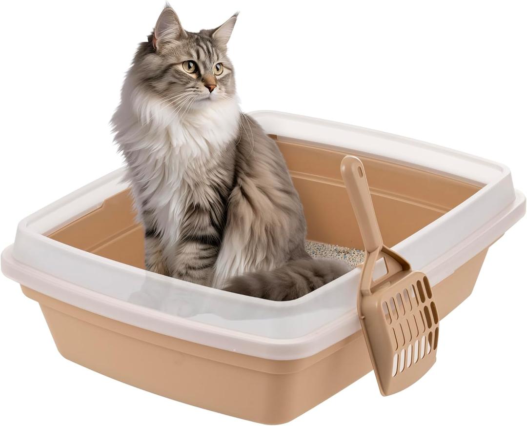 IRIS USA Cat Litter Box, Open Top with Scoop, Easy Clean Plastic Pan for Indoor Cats & Kittens, Beige (Small)