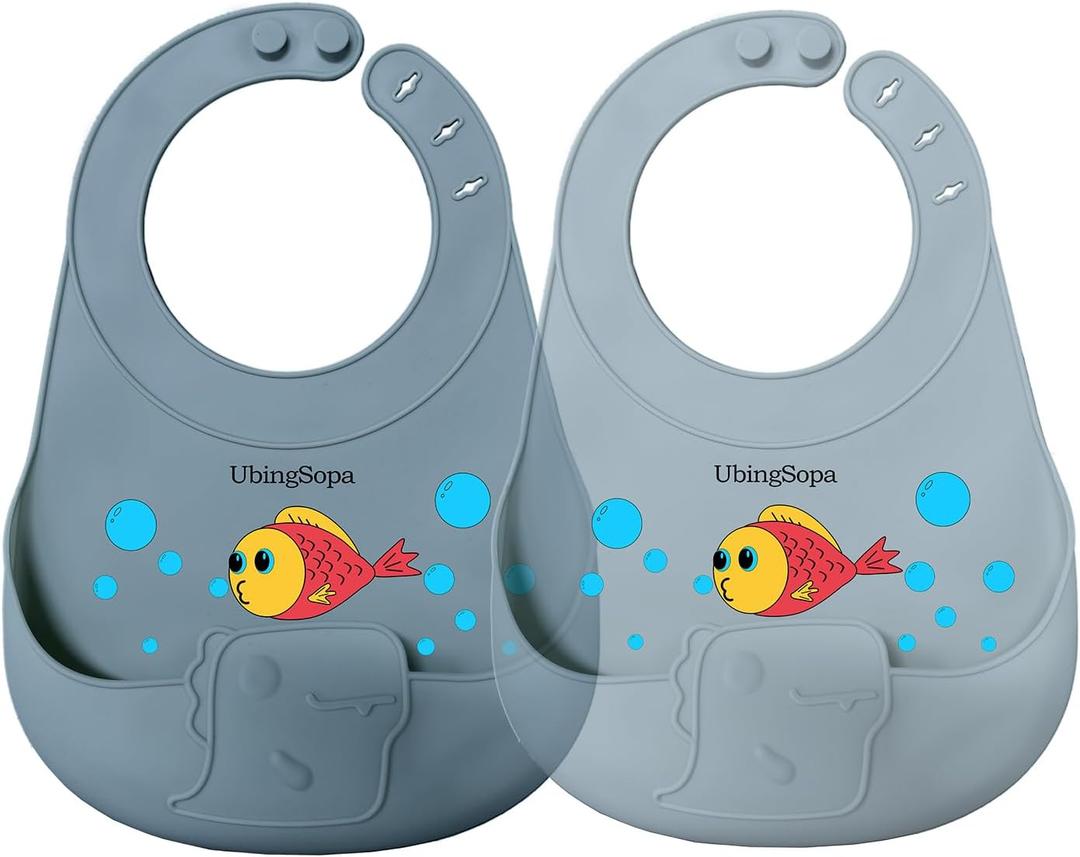 Silicone Baby Bibs Adjustable, Soft, Waterproof & Durable, with Large Food-Catching Pocket, Feeding-Friendly
