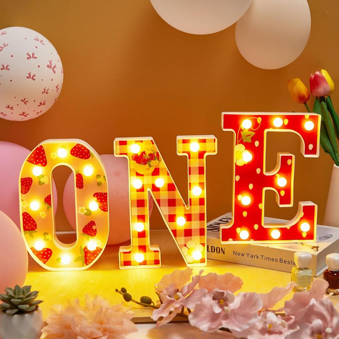 3 Pcs Berry First Birthday Decor Strawberry 1st Birthday Party Decorations Sweet One Light Up Letters for Tabletop Decor 1 Year Old First Birthdays Baby Shower Party Decorations Supplies