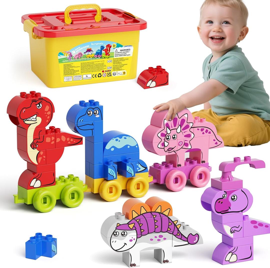 Dinosaur Building Blocks Toys, Animal Train Building Set with Storage Box, 5PCS Dinosaur Montessori Toys Birthday Gift for Animal Loving Preschoolers for Kids Toddlers Boy Girls Age 3 4 5 6