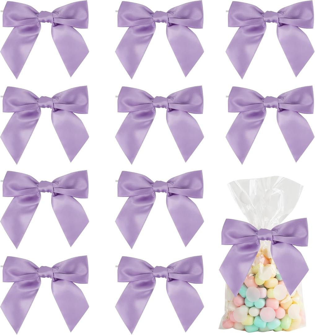 AIMUDI Lavender Satin Ribbon Twist Tie Bows for Treat Bags 4.5" Pre-Tied Lilac Bows for Christmas Tree Light Purple Ribbon Bows for Crafts Premade Bows for Gift Wrap Baby Shower Wedding Decor - 36 PCs