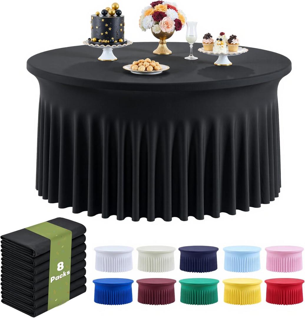 Outpain 8 Pack Black Round Spandex Tablecloth for 60 Inch/5FT Tables - Stretchy Table Cloth with Skirt, Wrinkle-Free Fitted Cloth for Wedding Vendor, Banquet & Graduation Decor (120" Round)