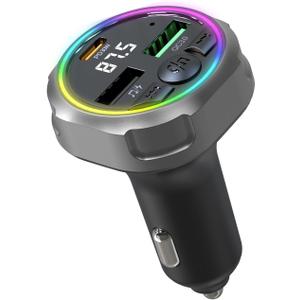 Bluetooth 5.3 Car FM Transmitter, USB C PD30W & QC 3.0 Dual Fast Charger, 7 LED Lights Wireless Handsfree Car Adapter with Clear Sound & Memory