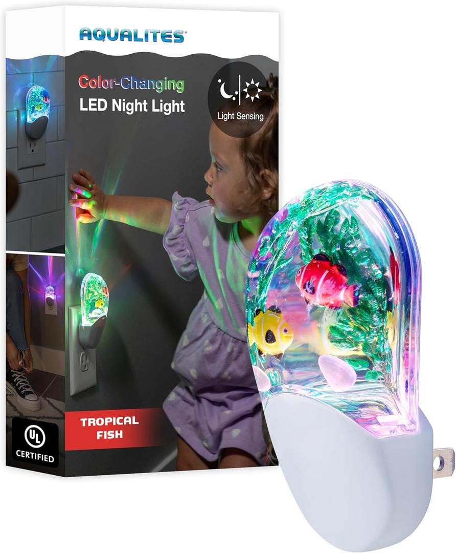 Lights By Night Tropical Aqualites LED Night, Plug-in, Color Changing, Light Sensing, Auto On/Off, for Kids, Under the sea, Fish, Bedroom, Bathroom, Playroom, 10908