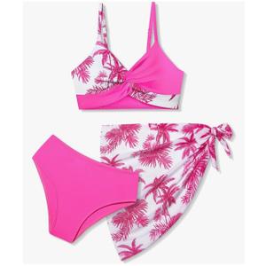Girls Swimsuit, Bathing Suits 3 Piece Tropical Floral Twist Cross Bikini Sets Girls' Swimwear with Cover Up Skirt 15-16T Pin