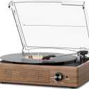 Record Player for Vinyl with 2 Build-in Speakers LP Vinyl Players Belt-Driven Vintage Turntables 3 Speed 3 Size, Wireless Bluetooth Playback, AUX-in, RCA Out, Headphone, Auto Stop Wood