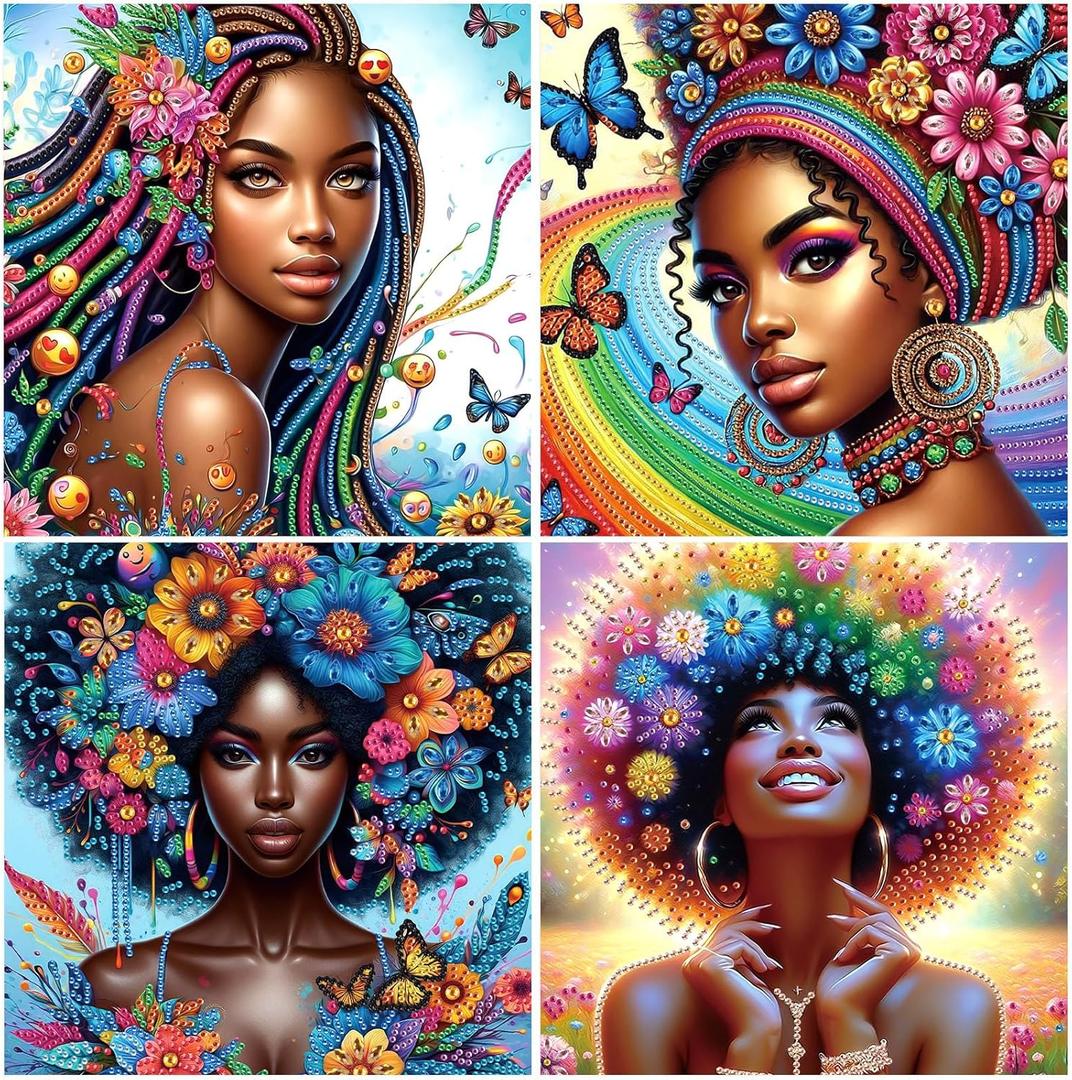 4Pcs DIY Diamond Art Painting Kit- African American beauties, 5D Diamond Art Crafts, Suitable for Beginners, Suitable for Home, Art Wall, and Festival Party Decoration, Creative Home Decoration Gifts