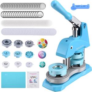 Button Maker Machine Multiple Sizes, 300 Pcs 1''/1.25''/2.25'' Button Press Pin Maker Machine Kit, Badge Making Supplies W/Button Machine, Dies, Badge Refills, Cirle Cutters, DIY Custom Pin Badge (Light Blue)