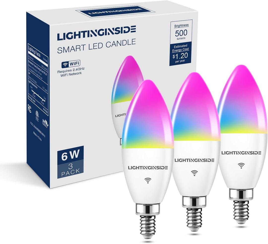 Lightinginside E12 Smart Light Bulbs 60W Equiv., 500LM 6W RGBCW Candelabra Chandelier Candle Bulb Works with Alexa/Google Home/Smart Life, 2.4G WiFi Bluetooth Bulbs, No Hub Required, ETL Listed, 3PCS Lightinginside E12 Smart Light Bulbs 60W Equiv., 500LM 6W RGBCW Candelabra Chandelier Candle Bulb Works with Alexa/Google Home/Smart Life, 2.4G WiFi Bluetooth Bulbs, No Hub Required, ETL Listed, 3PCS