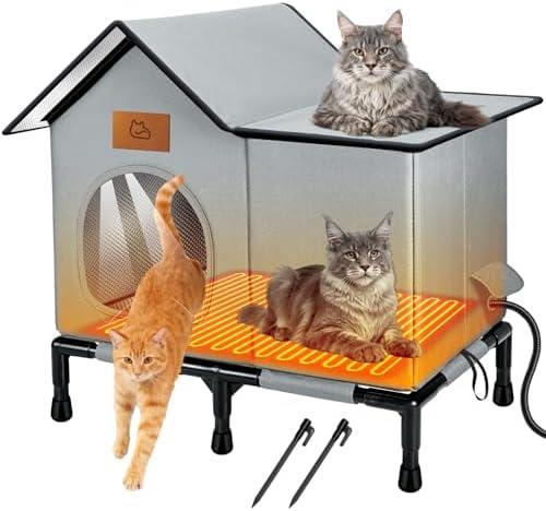 Heated Cat House for Outside Winter with Heater, 100% Weatherproof, Oxford Cloth Insulated Outdoor Cat Shelter with Waterproof Eaves & Escape Door for Outside Stray Barn Cat Grey 20x13x21in