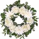 24" Spring Summer Front Door Wreath, Life-Like Artificial White Dahlia Hydrangea Wreath for Wedding Valentine's Day Mother's Day Memorial Day