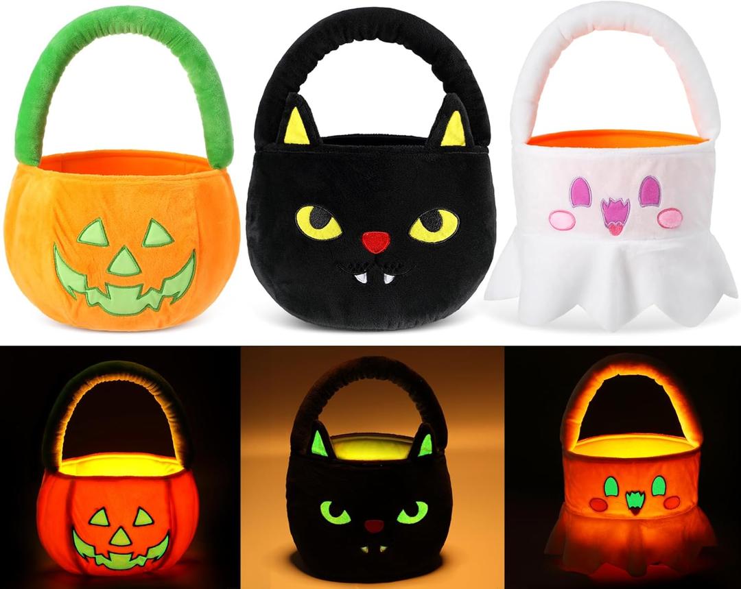 3 Pcs Halloween Baskets Plush Glow in The Dark Candy Bucket Bag Toys Ghost Pumpkin Black Cat Glow Candy Tote Plush Toy for Halloween Party Favors Gifts