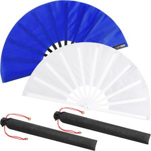 Maitys 2 Packs Large Folding Hand Fans 13'' Chinese Handheld Fan Large Clap Fans for Line Dancing, Tai Chi, Festival, Kung Fu, Martial Art, Gift, Includes 2 Pouch (White and Blue)
