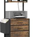 HIGDBFE 3 Drawer File Cabinet with Charging Station, 45''H, 3-Tier Filing Cabinet for Home Office, 11''*16'' for Small Printer, Fabric Drawer Fits Letter/ A4, Tall Printer Stand, Rustic Brown