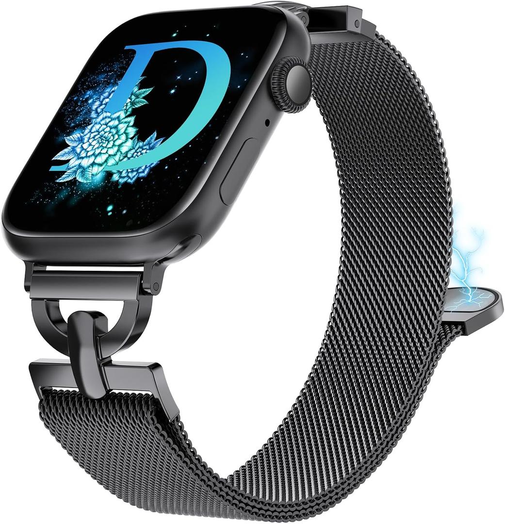 Stainless Steel Magnetic Loop Compatible with Apple Watch Band 42mm 44mm 45mm 46mm 49mm Women Metal Mesh D-shaped Clasp Strap for iWatch SE Series 10/9/8/7/6/5/4/3/2/1/Ultra(1/2) Black