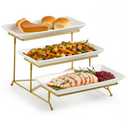 3 Tier Serving Stand Porcelain Serving Platter Tier Serving Trays with Collapsible Sturdier Rack, Serving Dishes and Platters for Thanksgiving, Christmas, Entertaining, Gold, 12 Inch