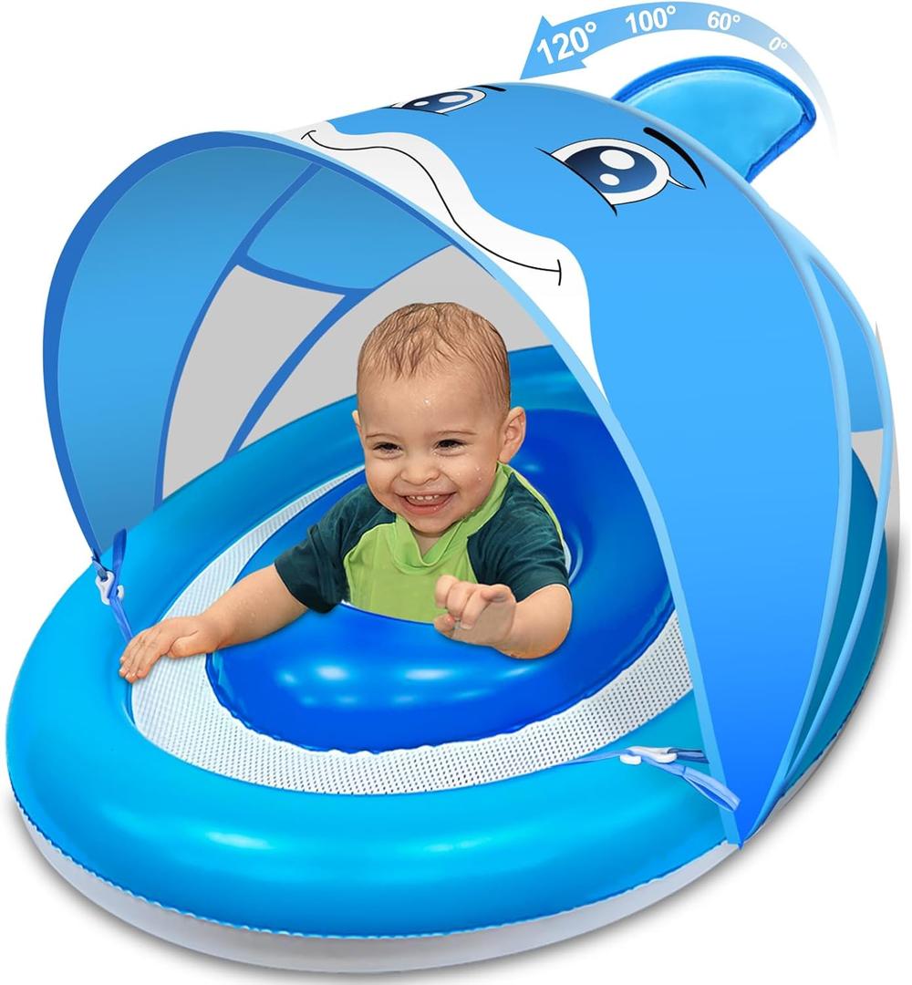 Dolphin Baby Float with Canopy for Age 6-36 Months UPF 50+ Sun Protection Never Flip Over Dual Air Chambers Adjustable Safety Seat 4 Stage Adjustable Canopy Inflatable Swim Pool Float Toddler Infant, Blue