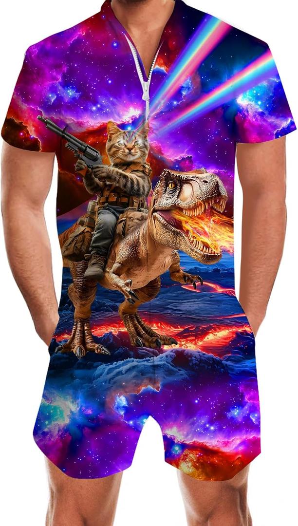 Goodstoworld Male Hawaiian Romper Fashion Zipper Slim Fit Jumpsuit with Pocket S-XXL (XXL)