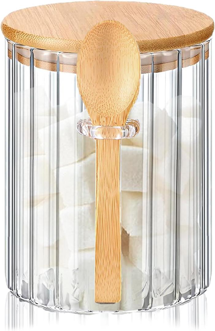 Glass Jar Sugar Container with Bamboo Spoons Lids 16 oz Sugar Bowl Coffee Bar Food Storage Jar Cereal Nuts Salts Coffee Tea Flour Sugar Container Spice Jar