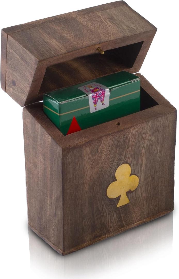 Birthday Gift Ideas Handcrafted Classic Wooden Playing Card Holder Deck Box Storage Case Organizer With Premium Quality 'Ace' Playing Cards Anniversary Housewarming Gift Ideas For Men & Women (Club)