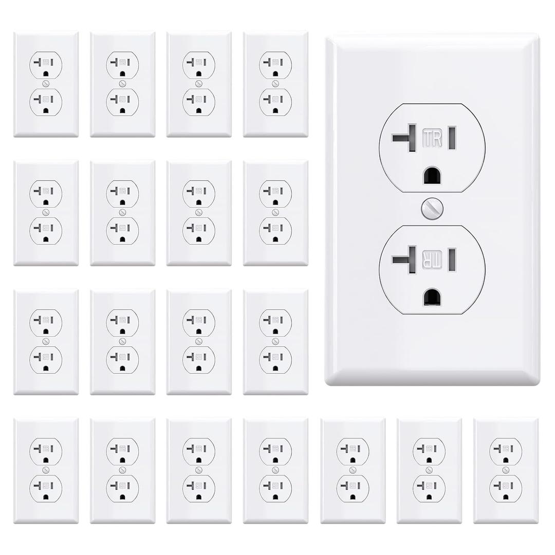 AIDA 20 Amps Outlets Duplex Electrical Receptacle Outlets,Tamper Resistant,Heavy-Duty Receptacle Wall Outlet,Residential,TR,3-Wire, Self-Grounding Clip,Wall Plate Included,UL Listed (20 Pack, White)