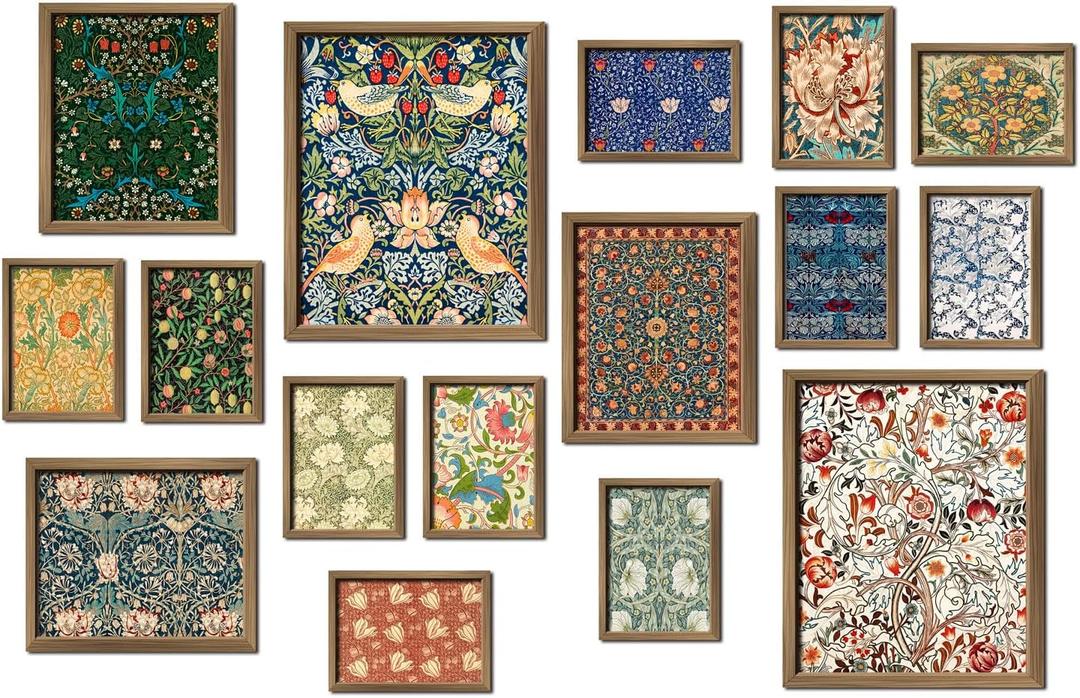 ANERZA 16 PCS Framed William Morris Wall Art Decor, Floral Wall Prints for Bedroom, Gallery Wall Frame Set, Vintage Posters for Living Room Aesthetic, Botanical Collage Kit, Dorm Home Artwork