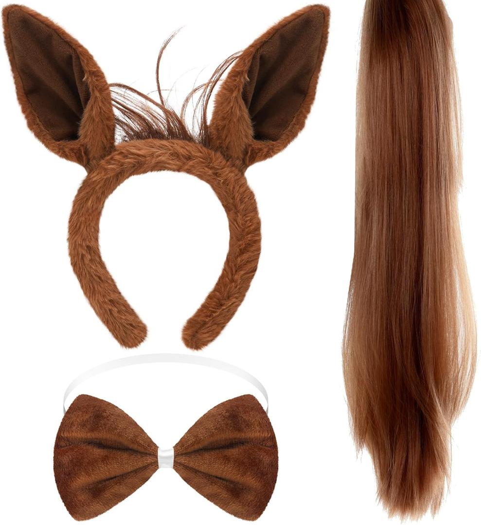 3 Pcs Horse Ears Headband and Tail Bow Tie Halloween Horse Costume Brown Accessory Set for Adult Halloween Animal Cosplay Party
