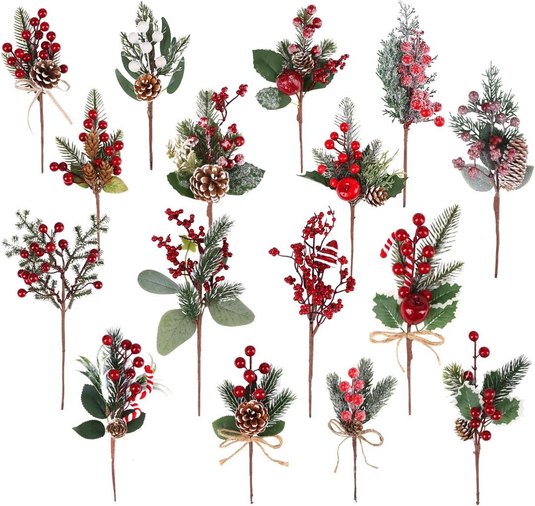 LOMIMOS 16Pack Artificial Christmas Red Berry Picks Assorted,Thick Pine Picks Fake Holly Bough Stems with Pinecones Needles Branches Fake Berries for Xmas Tree Decoration Crafts Wreath Garland Dcor