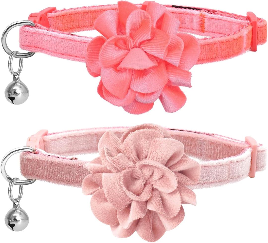 azuza 2 Pack Cat Collar Floral with Bell and Removable Flower Bowtie Breakaway Adjustable Velvet Fabric Cat Collar for Pets and Daily Decoration, Light Pink & Dark Pink (Neck: 8"-12")