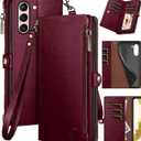 XcaseBar for Samsung Galaxy S21 Wallet case with Zipper Credit Card HolderRFID Blocking, Flip Folio Book PU Leather Phone case Shockproof Cover Women Men for Samsung S21 case Wine Red