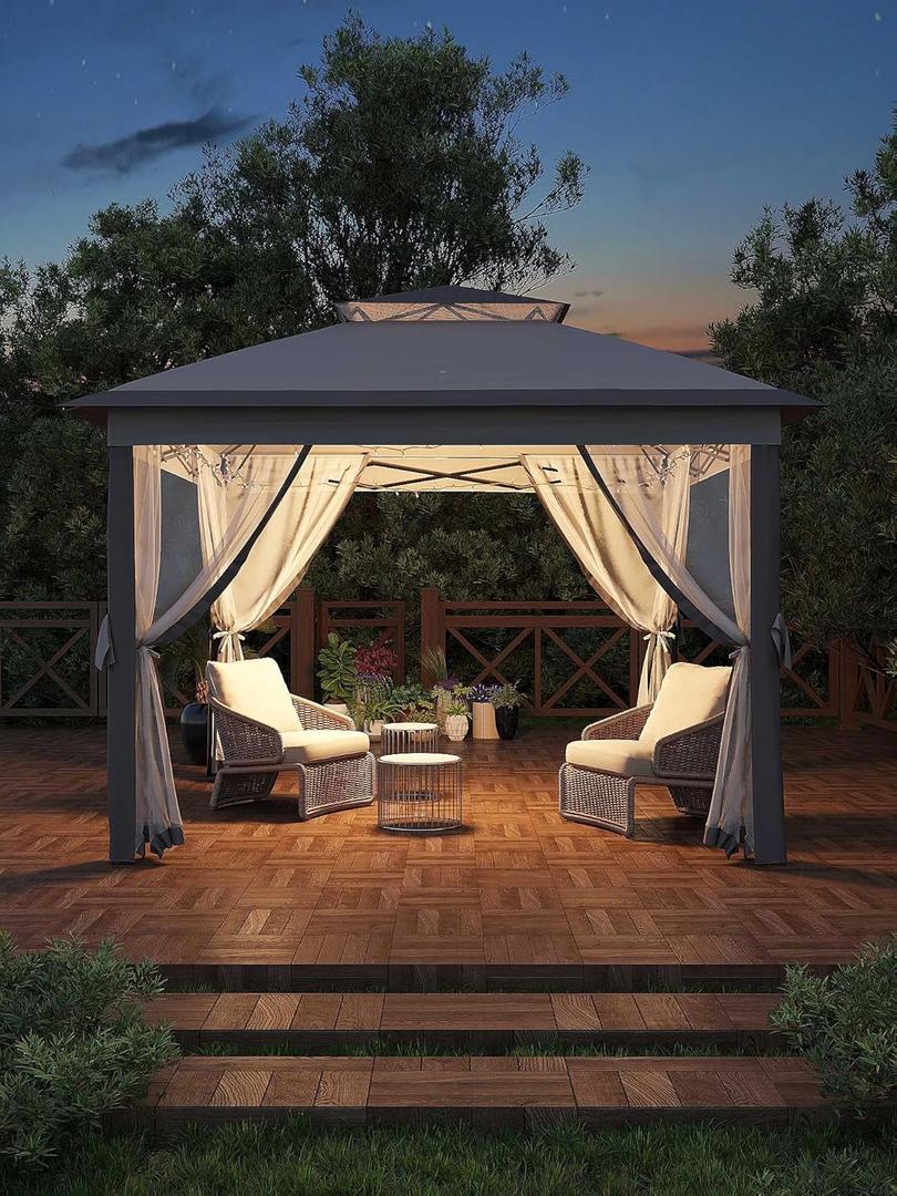 11x11 Pop Up Canopy Tent with Mosquito Netting, Outdoor Canopy Shelter Easy Setup, Water & UV Resistant - Gray