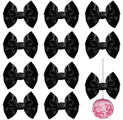 FAKILO 30pcs Twist Tie Bows 5 inch Black Satin Ribbon Premade Bows with Adhesive for Crafts Sewing Cake Candy Apples Treat Gift Bags Christmas Wedding Gift Wrapping