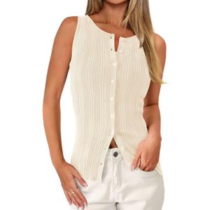 PRETTYGARDEN Women's Ribbed Tank Tops Summer 2025 Open Front Button Down Sleeveless Shirts Going Out Spring Fashion Vest Tops(Apricot, Small)