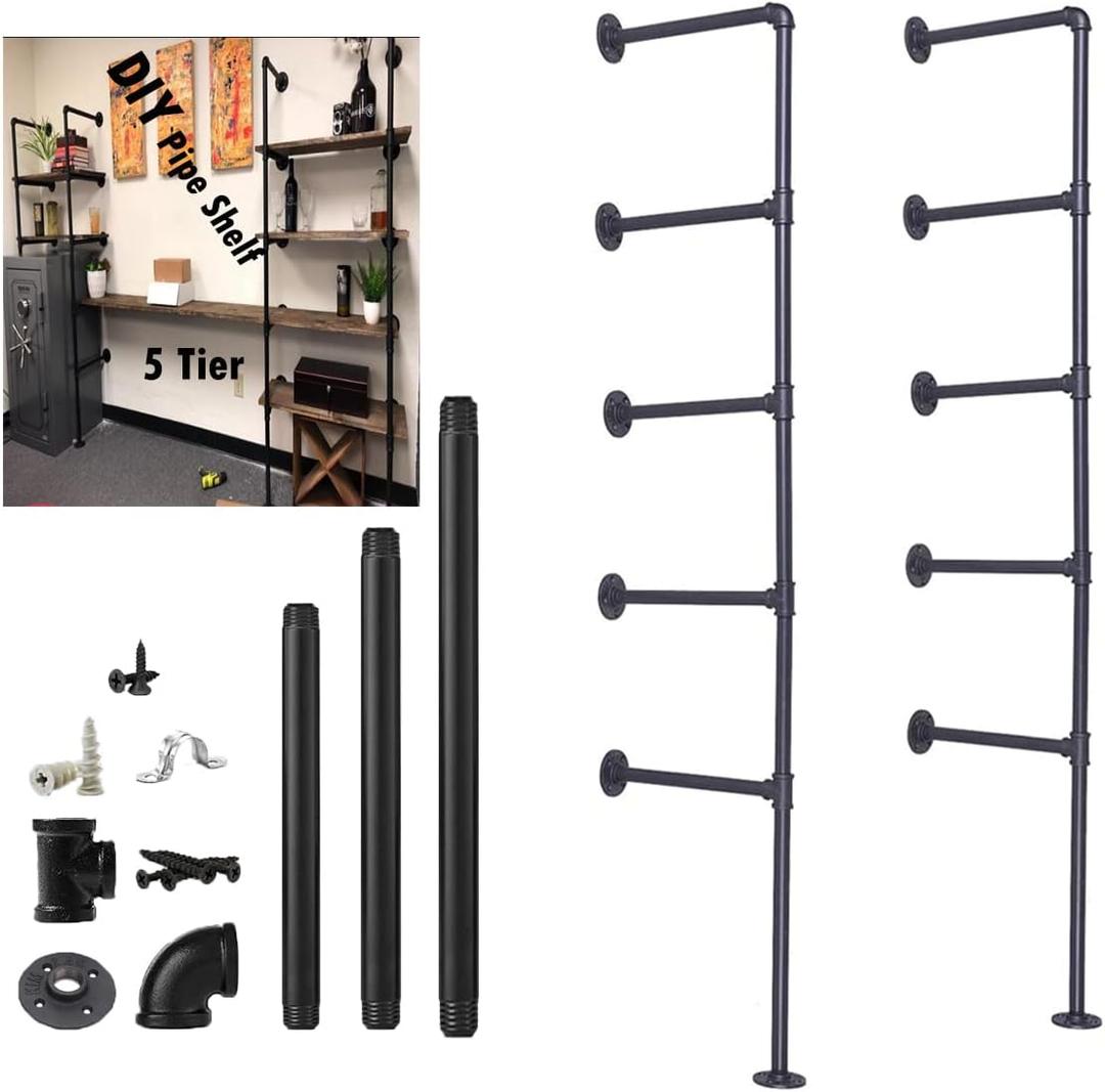 5 tier Industrial Wall Mount Iron Pipe Shelf Shelving Bracket Vintage Retro Ceiling Hung shelf DIY Open Bookshelf Storage for office Room Kitchen (2PcsX5Tier,70" Tall,12"deep,Hardware Only)