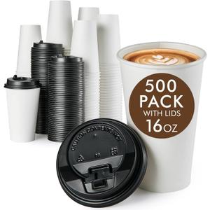 Vplus 500 Pack 16 OZ Paper Coffee Cups, Disposable 16 OZ Coffee Cups With Lids, Cold/Hot Drinking, For Home, Traveling, Stores, Office, And Events (White)