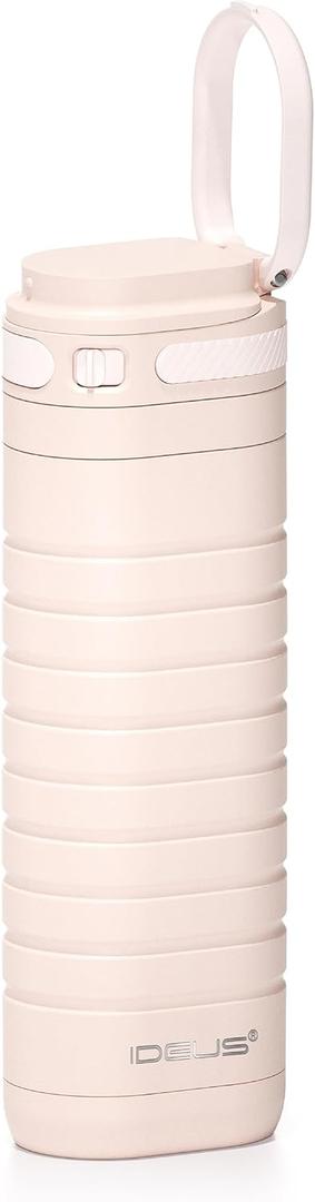IDEUS Insulated Stainless Steel Water Bottle 14 oz Lockable Lid & Leakproof Travel Coffee Mug for Hot/Cold Beverages Fits Most Cup Holder (Light Pink)