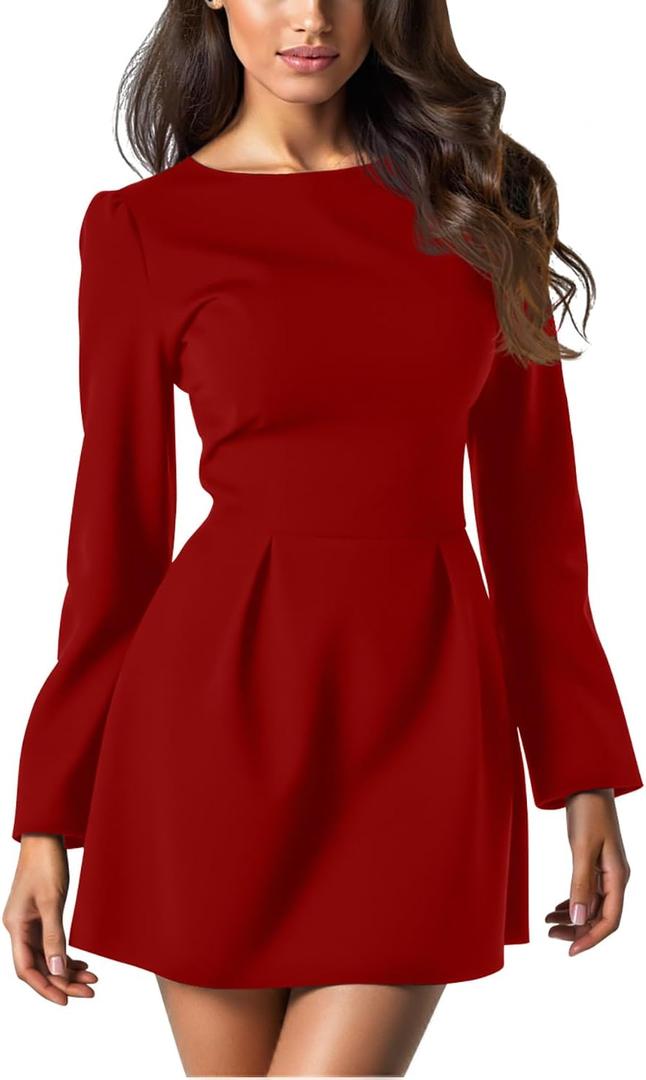GOBLES Women's Elegant Fall Long Sleeve Boat Neck High Waist A-line Cocktail Dress (Red, M)