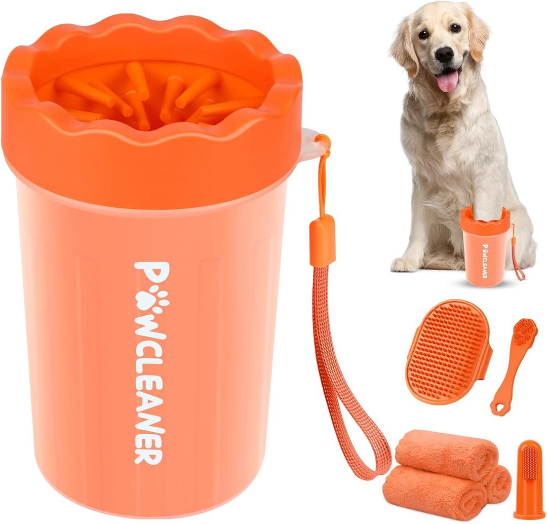 Professional 7 in 1 Dog Paw Cleaner for Dogs & Cats - Includes 1 Portable Paw Washer, 1 Bath Brush, 2 Dog Toothbrushes and 3 Absorbent Towels Note: Fits Paws 1.5 to 2.5 Inches Wide (Orange, Medium)