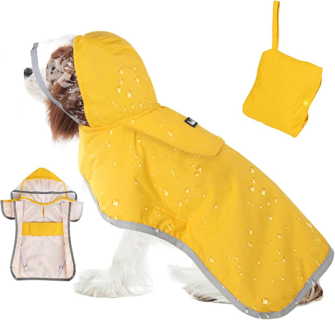 SlowTon Dog Raincoat, Adjustable Dog Rain Jacket Clear Hooded Double Layer, Waterproof Poncho with Reflective Strip Straps and Storage Pocket for Small Medium Large Dogs(M) (Yellow)