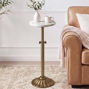 Aoligrace Adjustable Marble Drink Table, 10" Round Pedestal Side Table | Natural White Accent End Table with Antique Brass Base, Metal Tall Cocktail Martini Tables for Small Spaces,Living Room