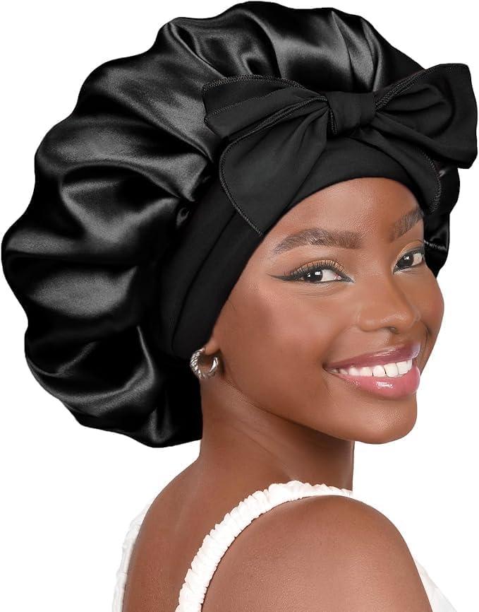 YANIBEST Silk Bonnet for Sleeping Women Adjustable Double Layer Satin Bonnet Reduce Friction Prevent Frizz Natural Curly Hair (Large, Black)