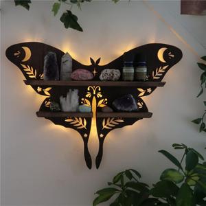 Crystal Display Shelf Wall Moon Shelves Luna Moth Hamsa Hand Holder Floating Wall Mounted Decorative Crystal Shelf (Moth-15 * 10.8inch/38.5 * 27.5cm)