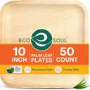 ECO SOUL Compostable 10 Inch Palm Leaf Square Plates (50 Count) Like Bamboo Plates | Biodegradable | Eco-Friendly, Microwave & Oven Safe
