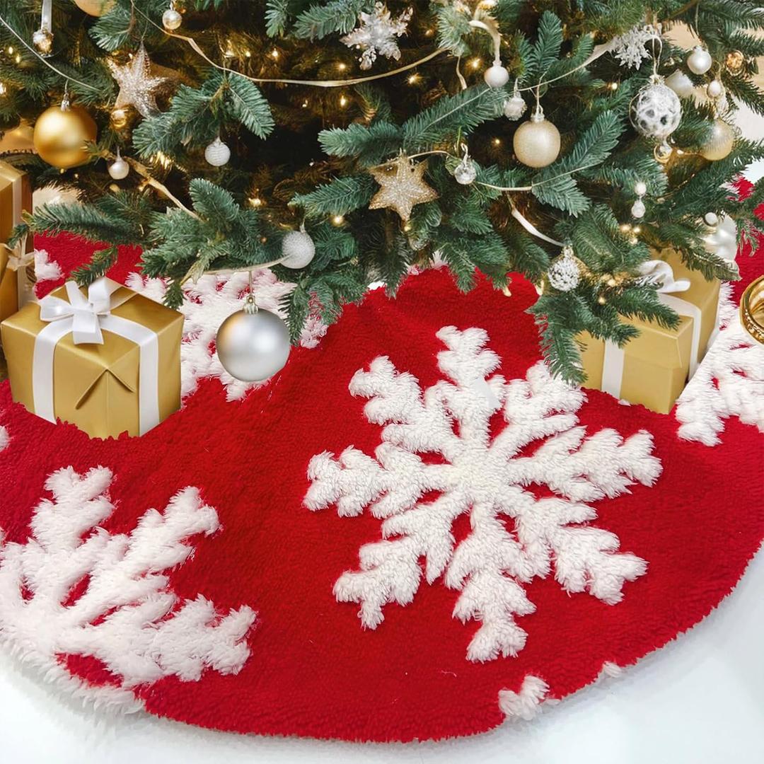 Red Christmas Tree Skirt 24 Inches Small Faux Fur Tree Skirts with White Snowflakes for Xmas Party Decorations