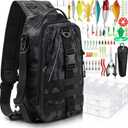 85 Pcs Fishing Backpack with Tackle Boxes, Tackle Sling Bag with Rod Holder, Fishing Lures Kit and Pliers Set for Men Women (Incognito Camouflage)