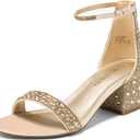 DREAM PAIRS Women's Low-Chunk Low Heel Pump Sandal (7, Gold/Rhinestone)
