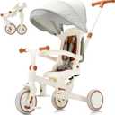 AOPEC 7-in-1 Toddler Tricycle with Parent Push Handle & Canopy, Fully Foldable & Adjustable Stroller, Balance and Pedal Bike for Kids 18 Months to 5 Years,Beige