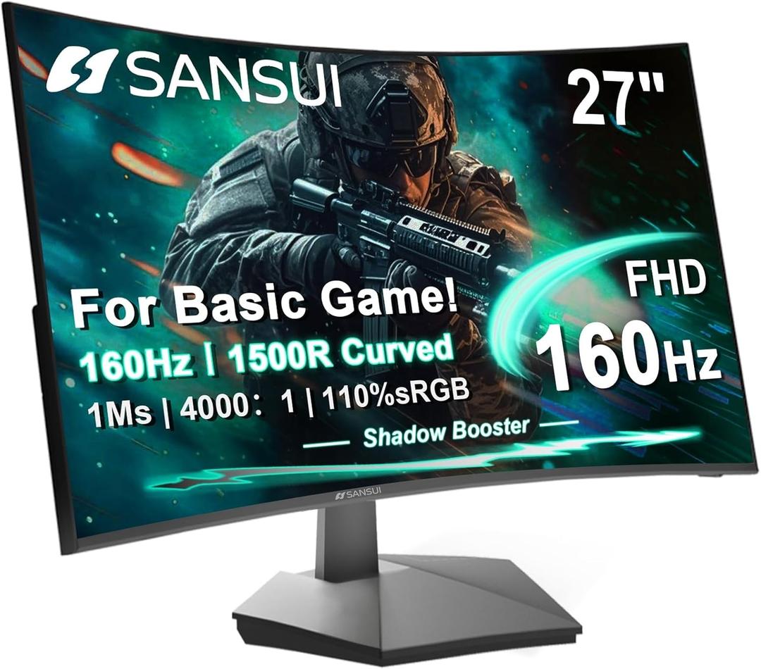 SANSUI 27 Inch Curved 160Hz Gaming Monitor, 1500R Curved Computer Gaming Monitor FHD 1080P, 4000:1, 110% sRGB, FPS/RTS, 1Ms MPRT|FreeSync|HDR|Low Blue Light|HDMI DP| VESA Support, HDMI Cable Incl.