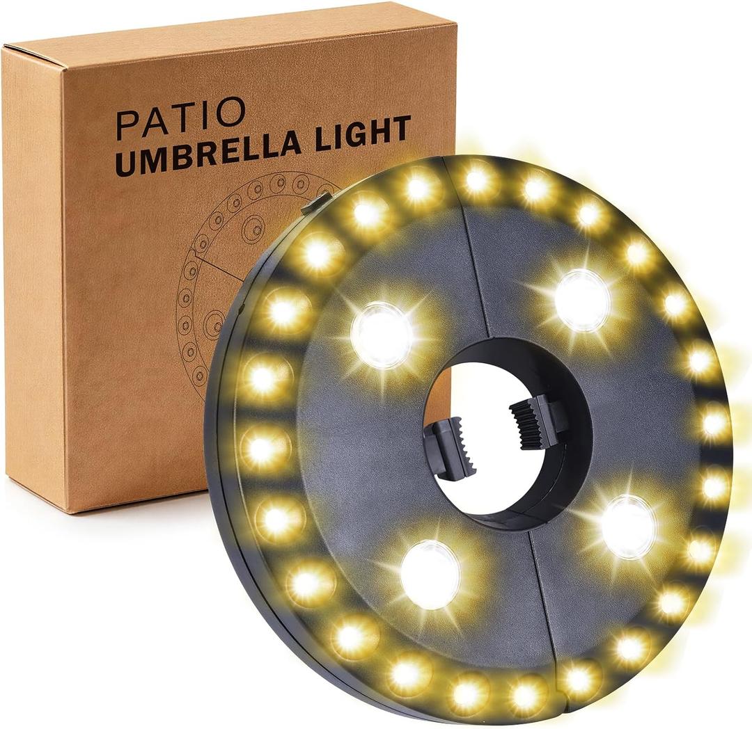 OYOCO Warm White Patio Umbrella Light 3 Brightness Modes Cordless 28 LED Lights at 200 lumens 4 x AA Battery Operated,Umbrella Pole Light for Patio Umbrellas,Camping Tents
