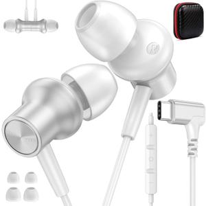 USB C Headphones Wired for iPad Pro/iPhone 17 Pro Max Air 16 15 Plus, 90 Right Angle Type C Earphones with Mic Stereo Magnet in Ear Wired Earbud for Samsung S26 S25 S24 Ultra S23 FE/Pixel 10, Silver
